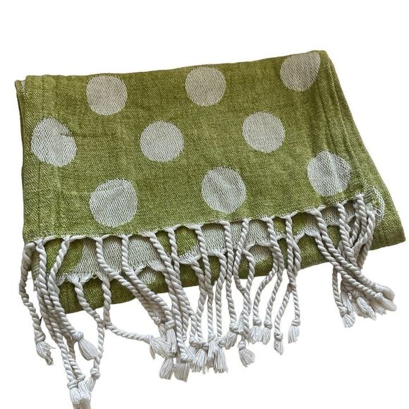 Calzeat of Scotland Scarf Green and Cream Polka Dot Fringe - Picture 6 of 10